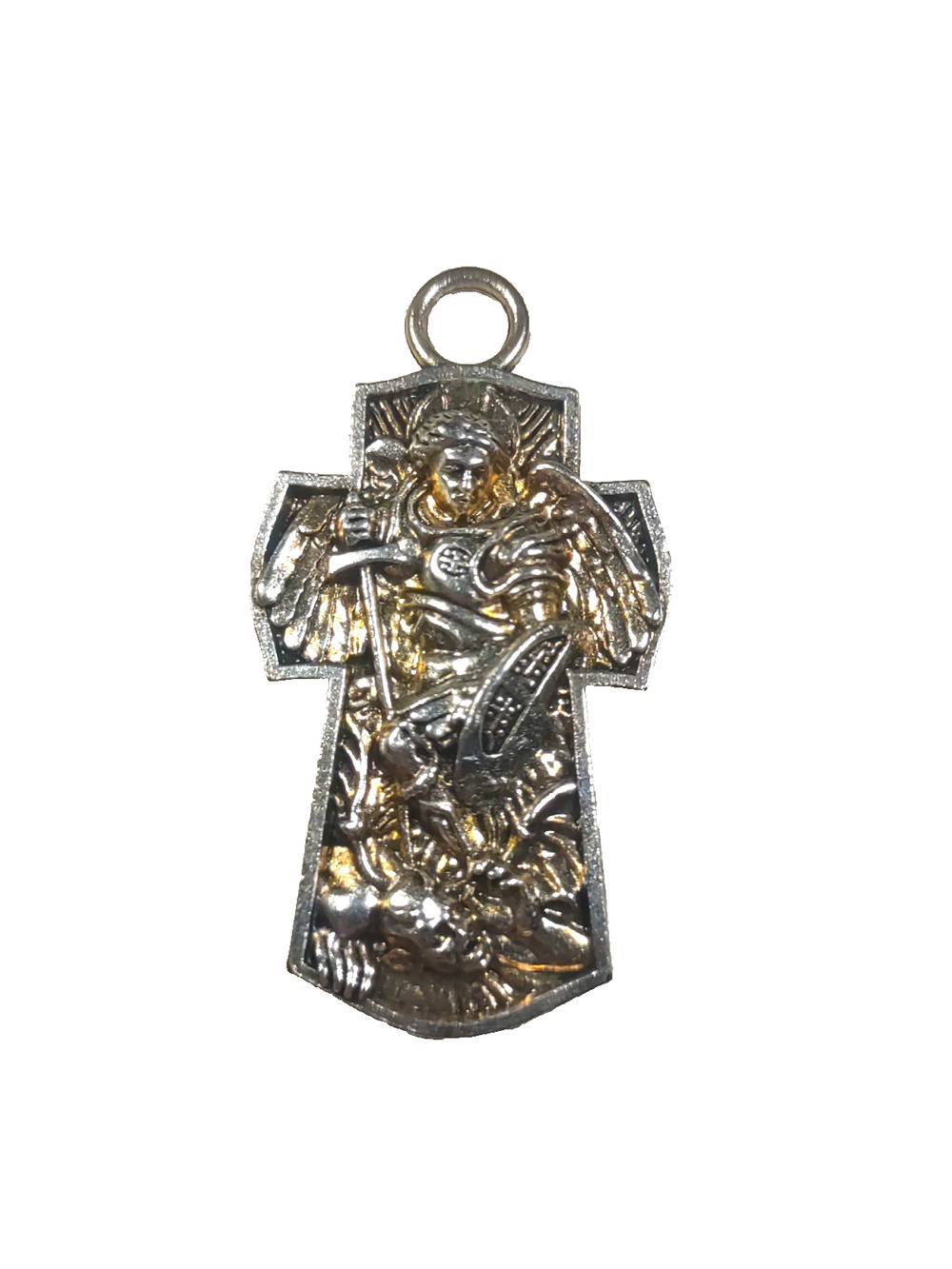 St Michael Protect Us Cross silver And Gold Tone Pendant Detailed